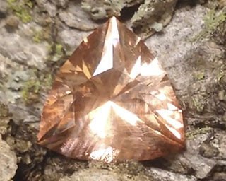 1.85 ct Peach Schiller Oregon Sunstone, Brilliant Trillion Design, rough from Spectrum Mine