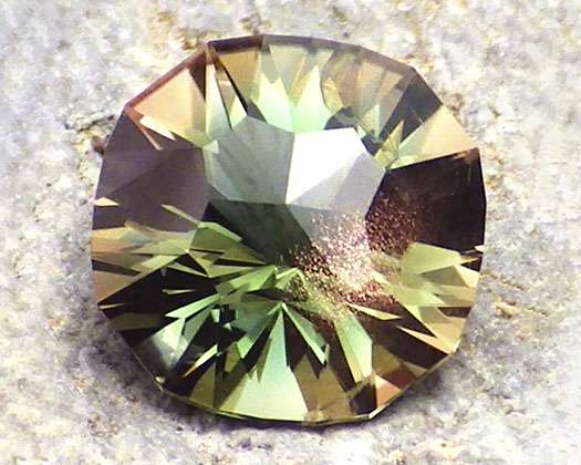 2.48 ct Peacock Green Schiller Oregon Sunstone in Arya Akhavan PANA MINE-SPARKLING WELL design, rough from PANA Mine, 2018